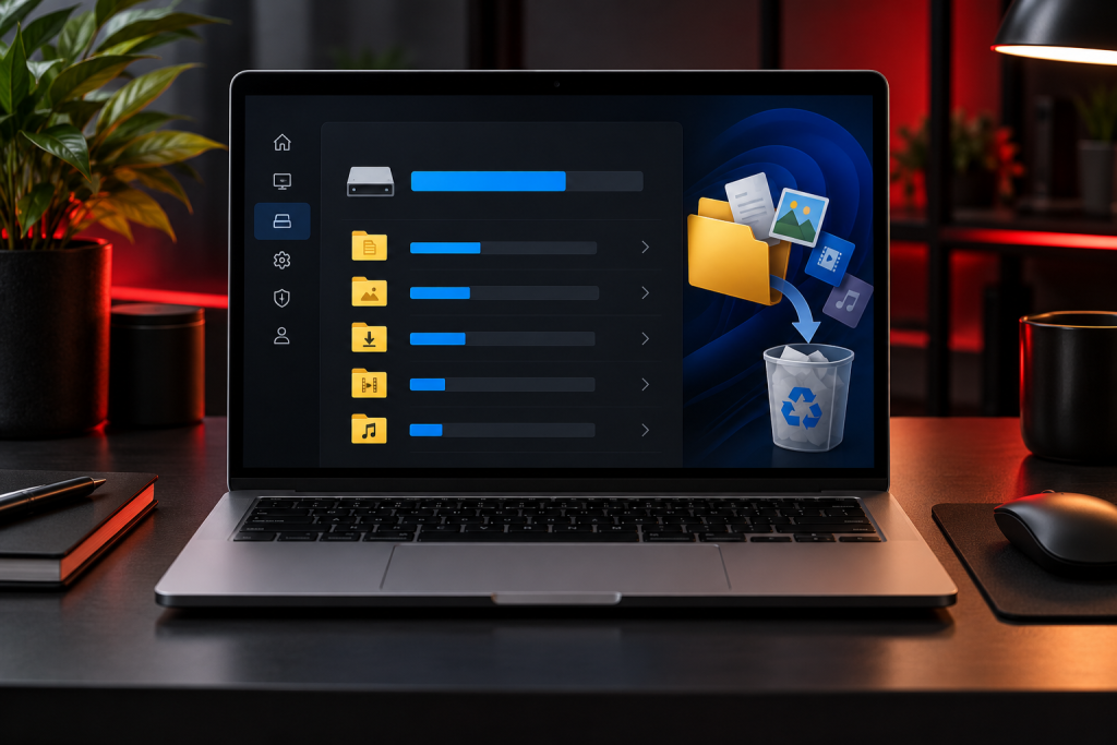 Ilustração de um notebook com organização de arquivos e armazenamento no Windows.